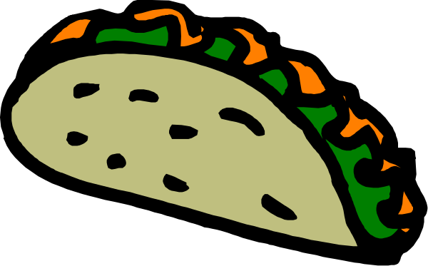 The image shows a cartoon taco with lettuce, tomato, cheese, salsa on top of it inside an open tortilla shell against a black background.