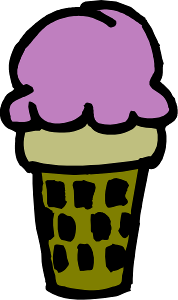 The image shows a purple ice cream cone with vanilla scoops on top of it inside an open waffle-style container against a black background.