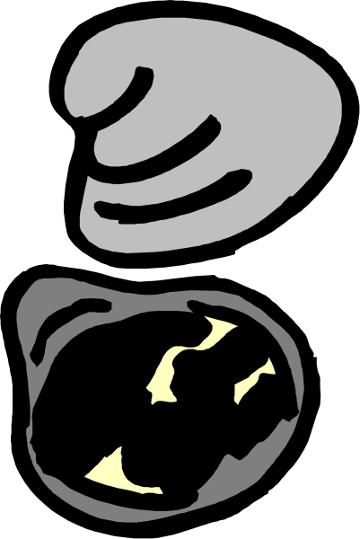 The black and white clip-art shows a hand holding an oyster with its shell open to reveal something inside it on top of another closed clam that is also being held by someone's hands in front of them, suggesting comparison between two items.