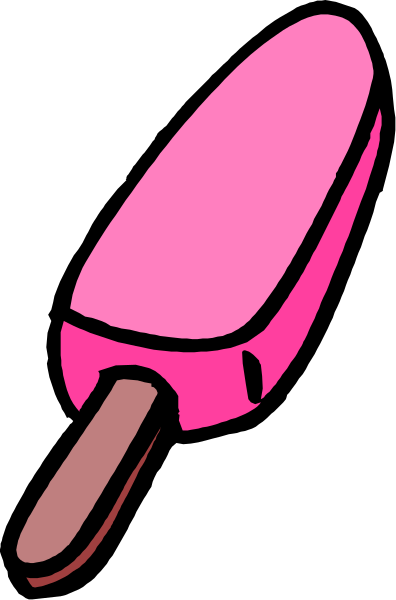 The image shows a pink ice cream popsicle with an orange stick on it against a black background.