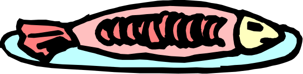 The picture shows a fish on top of an oval plate with two eyes drawn over it to represent its positioning above water level in what appears to be a stylized representation rather than realistic depiction.