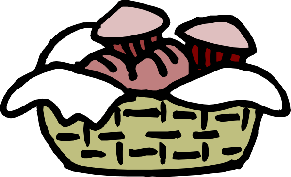 The image shows a cartoon of an open basket filled with food items such as mushrooms and bread rolls on top, placed in front of what appears to be snow-covered ground under a dark sky at nighttime.
