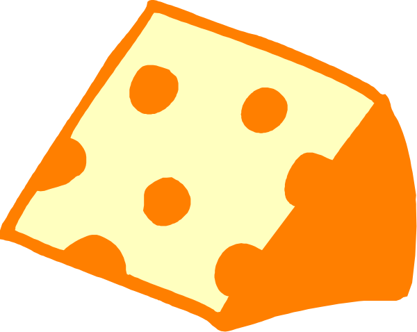The image shows a slice of cheese with holes on it next to an orange block that resembles a piece of pizza crust.