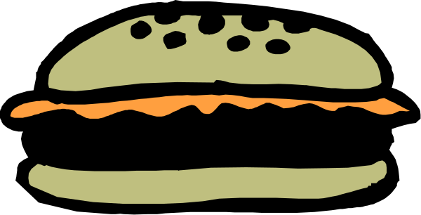 The image shows a simple line drawing of an open sandwich with visible ingredients such as cheese on top, placed between two buns; it is stylized in black ink against a white background without any additional context provided about setting or objects present outside this central focus.