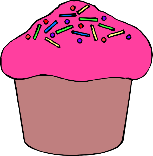 The image shows two cupcakes with pink frosting topped with sprinkles on a black background; there is no text present in this clip-art illustration.
