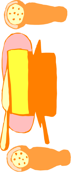 The image shows a cartoon of two hot dogs with mustard on them sitting next to each other against an orange background.