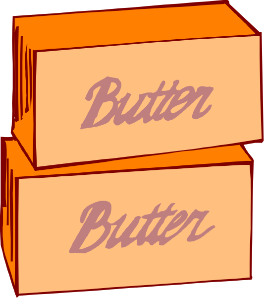 The image shows two boxes of butter with a pink label that reads "butter" on top against an orange background.