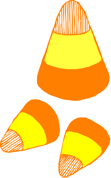 The image shows a cartoon of three candy corn candies with an orange cone on top placed against a white background.