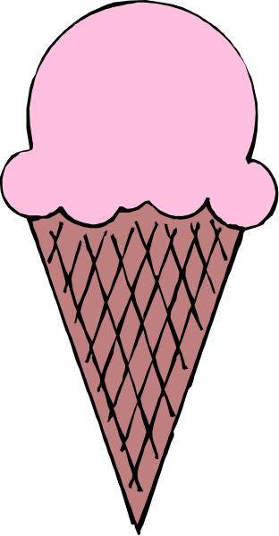 The image shows a pink ice cream cone with two scoops of vanilla ice cream on top against an orange background that resembles a brick wall texture pattern.