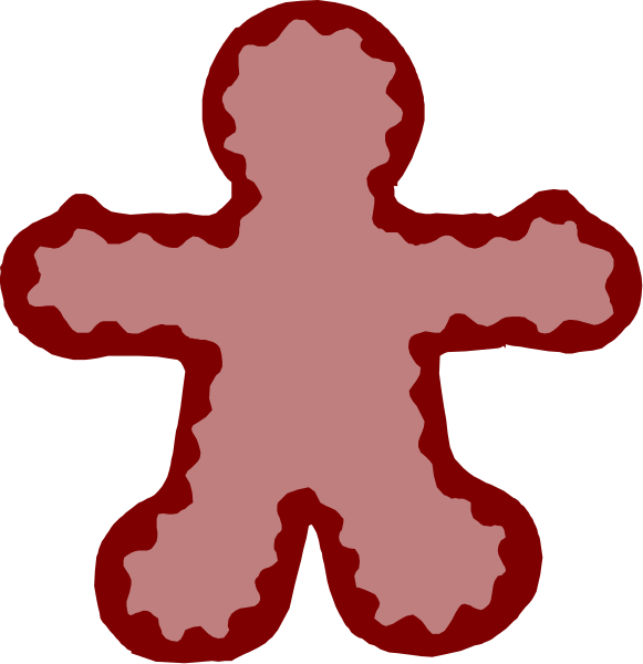 The images show two different representations of a gingerbread man figure: on top is an abstract red outline with no details; below it is a more detailed depiction in pink icing against white background. Both figures have arms and legs, but only one has facial features or decorations like buttons for eyes and mouths made from candy pieces. The image does not show any actions being performed by the gingerbread man figure nor provide information about setting as it is a close-up of two images side by side without contextual elements to describe an environment.