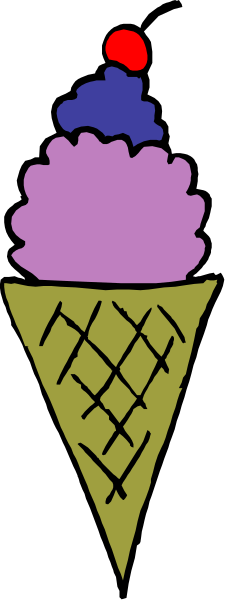 The image shows a colorful ice cream cone with three scoops of different flavors on top against a black background.