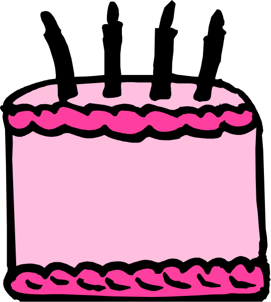 The picture shows a simple black and white drawing of an uncut cake with pink frosting on top placed against a plain background.