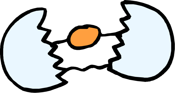The image shows a cartoon of an egg with two halves cracked open to reveal its yolk inside, placed on top of another whole egg that has been broken into pieces around it; there is no text present in this clip-art illustration.