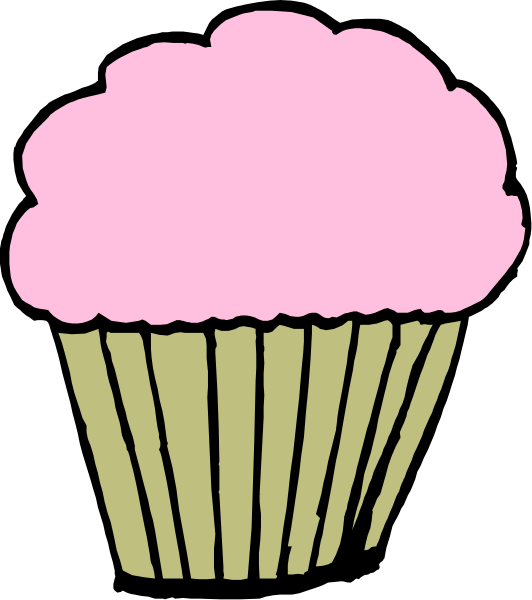 The image shows a pink cupcake with white frosting inside of it, placed on top of brown paper wrapping that has been partially peeled away to reveal its contents.