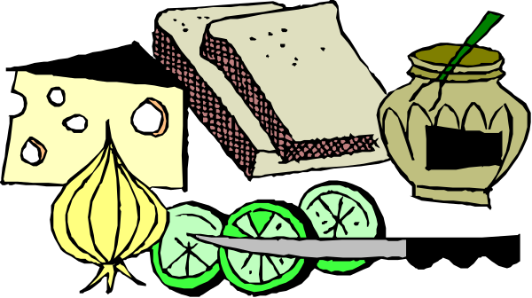 The image shows a variety of food items including bread, cheese, vegetables like carrots and onions, fruits such as an orange slice, lemon slices, limes, grapes, strawberries, bananas, apples, pineapple chunks, pears, peaches, plums, cherries, blueberries, raspberries, blackberries, oranges, a sandwich with meat inside it and some vegetables on top. There is also an assortment of condiments like mustard, ketchup, mayonnaise, salad dressing in bottles next to the food items