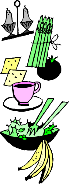 The image shows a cartoon of various food items such as bananas, bread, cheese, coffee cup with saucer, spoon, fork, knife, cake slice, pizza slices, hot dog bun, and other miscellaneous objects like bottles and bowls in different colors against a black background.