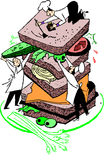 The illustration shows a cartoon depiction of food items on top of each other with various characters interacting around them; there is no text present in this image.