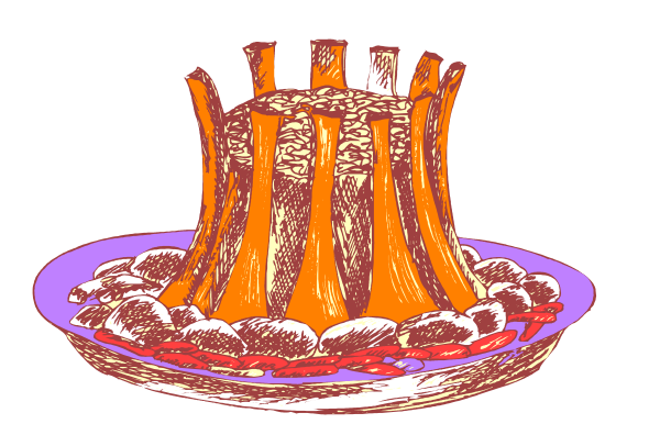 The illustration shows a large roast with carrots on top placed inside an oven that is set within what appears to be a kitchen countertop environment.