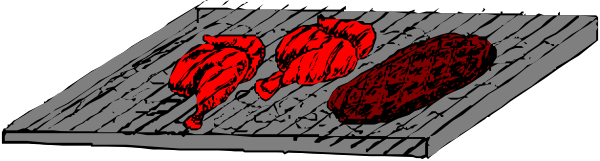 The image shows a blackboard with red chalk writing on it that reads "10" at both ends of two parallel lines in between which there is an illustration of three pieces of meat being cooked over coals, suggesting this might be related to cooking or food preparation instructions for 10 items. There are no people, animals, actions, objects other than the blackboard and chalk writing depicted herein. The setting appears to be a classroom or educational environment due to the presence of the blackboard with written instructional content on it.