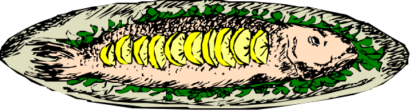 The image shows a plate of food with fish on top placed next to an oval dish containing sliced bananas covered in green sauce.