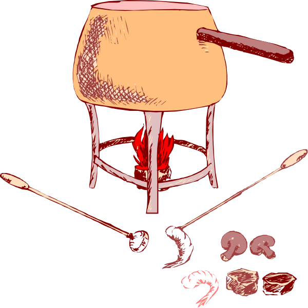 The illustration shows a traditional oven with an open door revealing its interior filled with food items such as meat on skewers, vegetables in pots, bread loaves hanging from hooks inside it, and various cooking utensils like spoons around it.