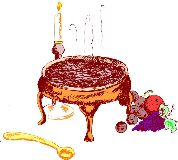 The image shows a table with various items on it including candles, cake, fruit like apples and grapes, wine glasses, spoons, bowls of food such as carrots, broccoli, potatoes, mushrooms, bread loaves, eggs, cheese slices, milk jugs, butter knives. The setting appears to be a kitchen or dining area with an oven in the background that has something cooking inside it and there is also some kind of pot on top of stove burners next to the table.