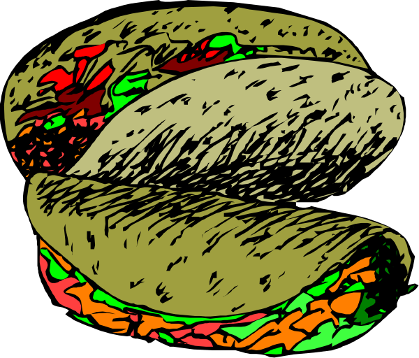 The image shows a colorful sandwich cut into two halves with various fillings visible between them on what appears to be black backgrounds in each half of the picture.