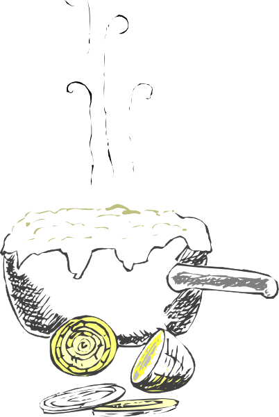The black and white illustration shows a cartoon of an ice cream cone with two scoops on top being eaten by someone who is holding coins in their hand while standing next to another person sitting down eating from a bowl, all set against a simple background that does not provide any additional context or details.