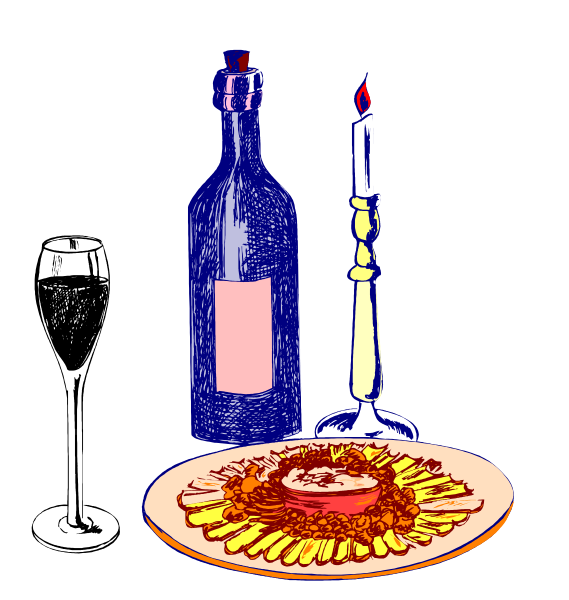 The illustration depicts a dinner scene with various items on it: there is food (a plate of spaghetti), wine bottles, glasses filled with drinks, candles in holders providing light to set an intimate mood for dining, and other tableware like cutlery that are commonly used during meals.