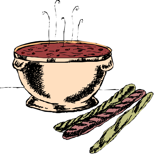 The black and white illustration shows a bowl of food with some herbs next to it on what appears to be a tabletop background.