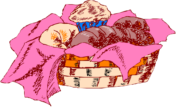The image shows a basket filled with baked goods such as muffins and cupcakes on top of pink fabric that resembles leaves, all set against a black background.