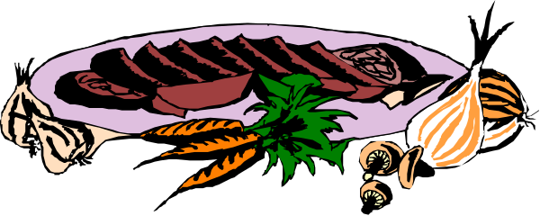 The image shows a colorful plate of food with various meats and vegetables on it placed against an abstract background that resembles watercolor brush strokes in shades of purple and blue.