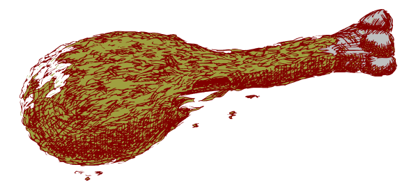 The image shows a cartoon depiction of an object that resembles a chicken drumstick with flames around it against a black background.