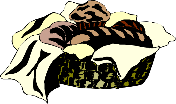 The image shows a cartoon of food items including bread rolls with toppings on them placed inside an open basket that is sitting atop what appears to be a tablecloth patterned in shades of green and white, suggesting it might represent grass or leaves.