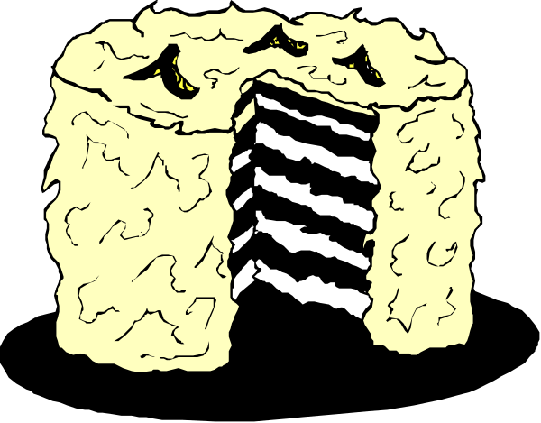 The black and white illustration shows a cake with two layers; it appears to be an abstract representation of something being cut in half from top downwards.