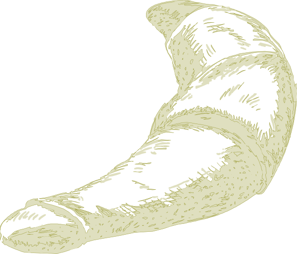 The black and white illustration shows a croissant with an eye on it lying against a dark background.