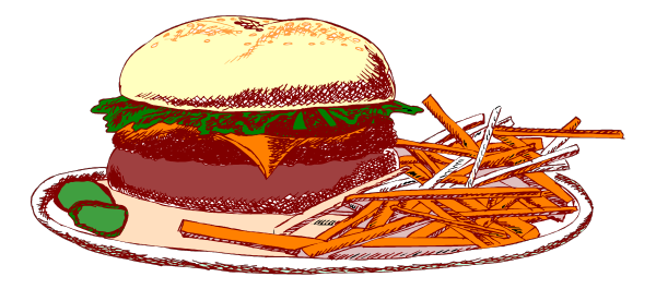 The image shows a hamburger on top of french fries with carrots next to it all placed on a plate which is sitting atop what appears to be a tablecloth in an indoor dining setting, possibly suggesting that this could represent someone's meal or food choice for lunch.