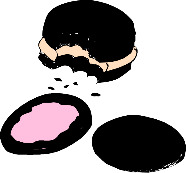 The black and white cartoon shows a cow with horns sitting on top of an object that resembles a pink cake slice in front of it.