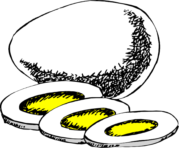 The cartoon shows a white egg with two yellow yolks sitting on top of it next to three whole eggs that have been cracked open revealing their interiors in shades of brown and orange.