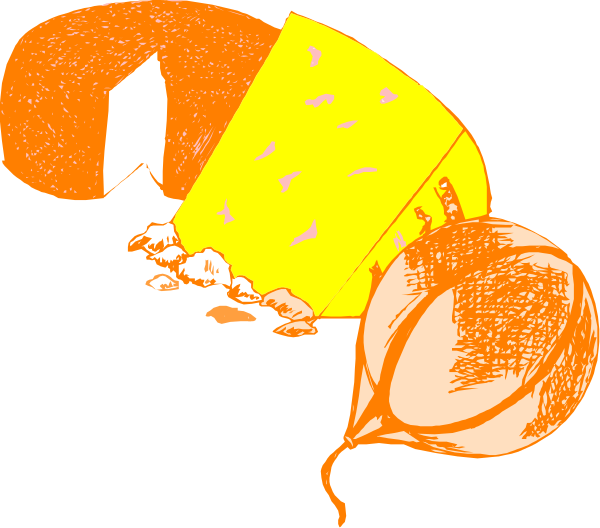 The image shows a cartoon of an orange slice with two pieces missing on top of what appears to be cheese next to some eggs in their shells against a black background.