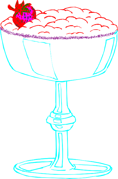 The image shows a cartoon depiction of an ice cream sundae with whipped cream on top served inside a black-and-white striped cone in front of what appears to be a strawberry, all set against a dark background that resembles nighttime or deep space.