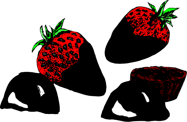 The image shows two strawberries with green leaves on a black background.