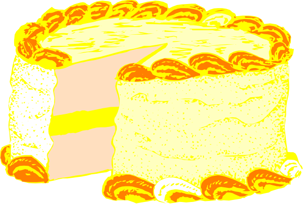 The image shows a cake with slices missing on top of it next to another whole cake without any visible decorations; both cakes have yellow frosting