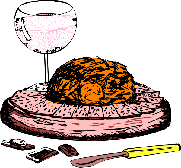 The image shows a black and white illustration of two plates with food on them placed next to each other against a dark background; one plate has an orange substance that resembles meat covered in sauce, while the second is empty except for some crumbs at its edge. There are also utensils visible: a knife near the left side of both dishes and what appears to be a spoon on top right corner next to the first dish with food. The image has been divided into two sections by color; one half shows only black, while the other is white.