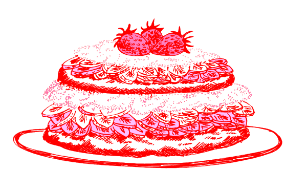 The image shows a cake with strawberries on top placed on a plate atop what appears to be an oven door.