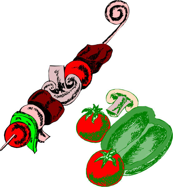 The image shows a black background with three items: on top left corner there is an uncooked shish kabob skewer containing pieces of meat; in center right side, two whole tomatoes next to each other; and at bottom middle part, another type of food item that appears to be some kind of sausage or hot dog.