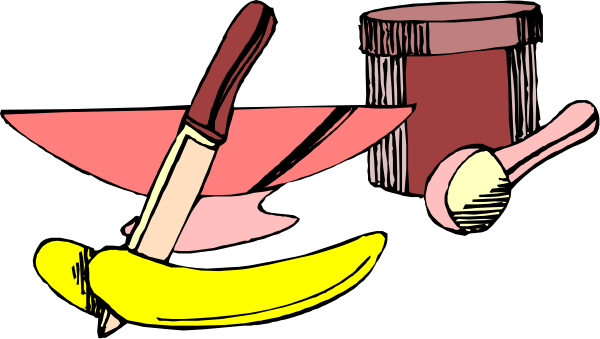 The image shows a collection of kitchen utensils including knives, scissors, spoons, bowls, bananas, an apple slice, and other items on what appears to be a countertop with various objects in different orientations against a black background.