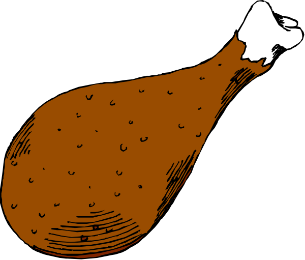 The black and white illustration shows a whole roasted chicken on top of two halves of another cooked bird with visible bones sticking out from between them in front of an unseen background.