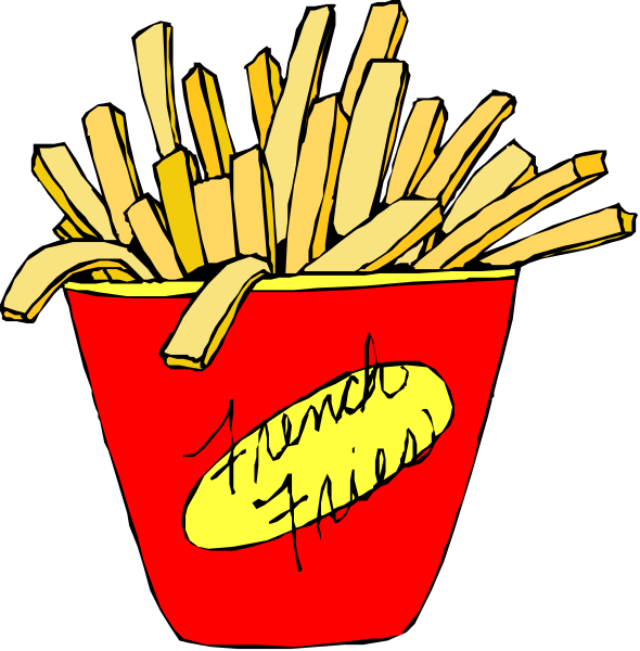 The images show a cartoon depiction of two red buckets filled with French fries labeled "Friendly Fries."