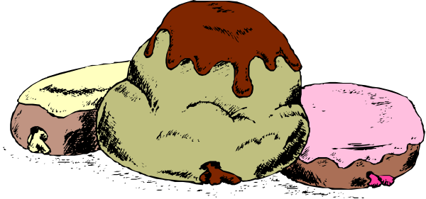 The image shows three donuts with different toppings: a chocolate frosted donut on top left, an iced one in center right, and another decorated like ice cream at bottom left; all against black background. There is no text present.